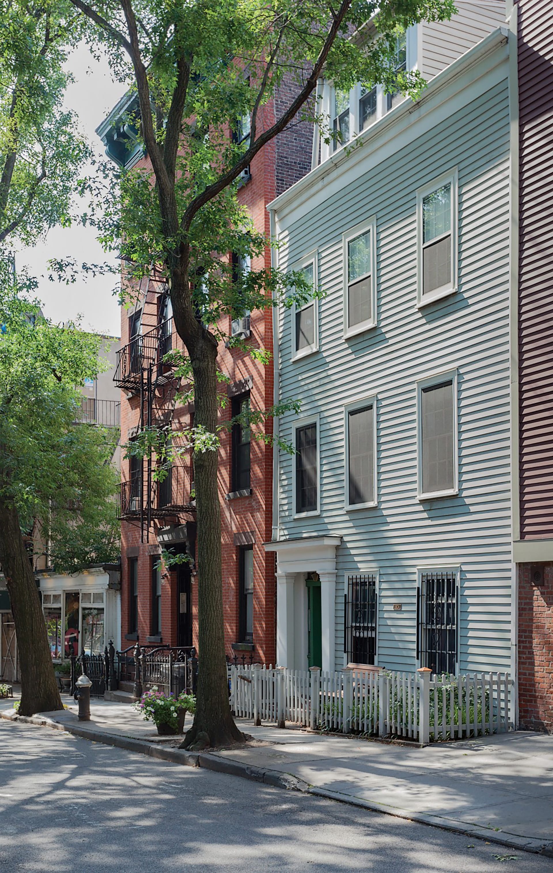 Front façade of a Brooklyn townhome with a green front door, white trim, and light blue siding.